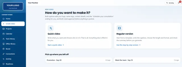 The Create video screen with a Quick video option: write what you want and choose who is in it.