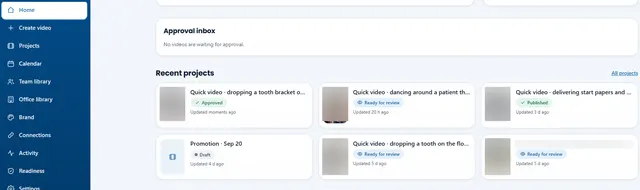 The home screen showing the approval inbox and recent videos marked Approved, Ready for review and Published.
